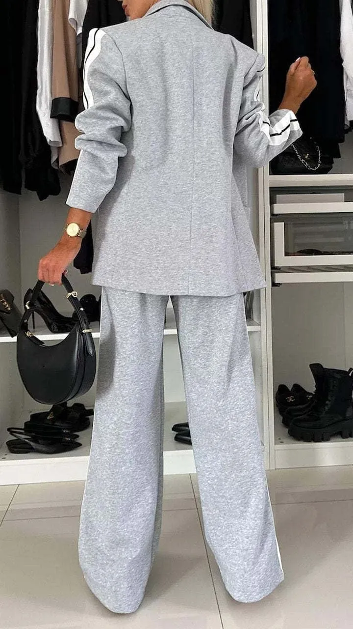 2 Piece Outfits Double Breasted Blazer and Wide Leg Work Pants Casual Blazer Sets Dressy Suits with Pockets,Plus Size