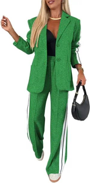 2 Piece Outfits Double Breasted Blazer and Wide Leg Work Pants Casual Blazer Sets Dressy Suits with Pockets,Plus Size