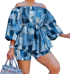 2 Piece Outfits for Women Sexy Off Shoulder Long Sleeve Plus Size Tops High Waisted Bodycon Shorts Set