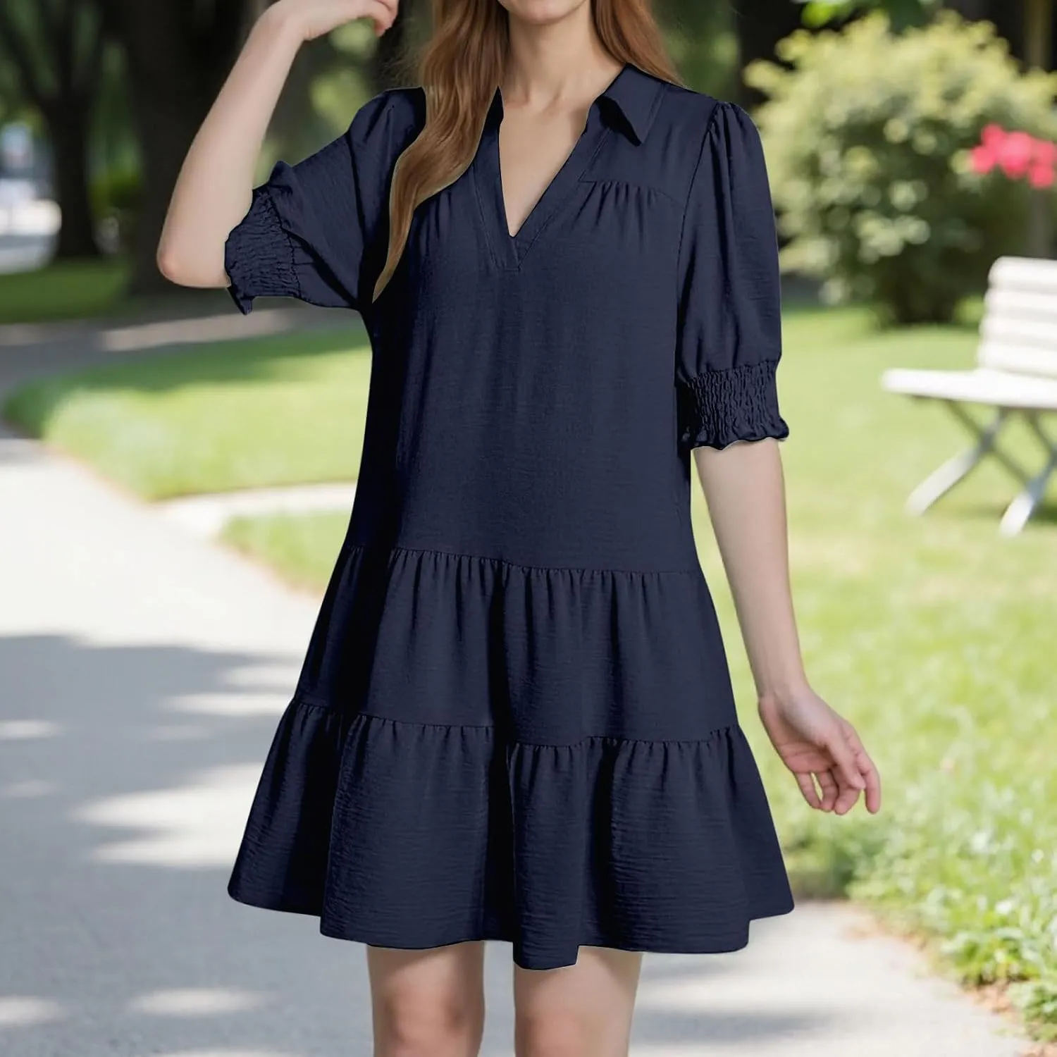 2025 Casual Dresses for Women Lapel Collared V Neck Mid Sleeved Pleated Summer Midi Dresses