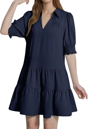2025 Casual Dresses for Women Lapel Collared V Neck Mid Sleeved Pleated Summer Midi Dresses