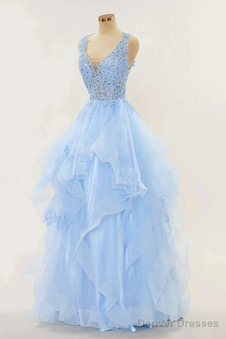 A-Line Long Layers Lace Prom Dresses Light Blue Beaded Appliques