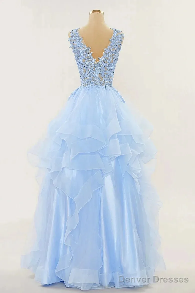 A-Line Long Layers Lace Prom Dresses Light Blue Beaded Appliques