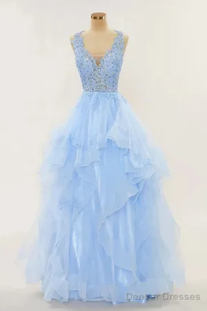 A-Line Long Layers Lace Prom Dresses Light Blue Beaded Appliques