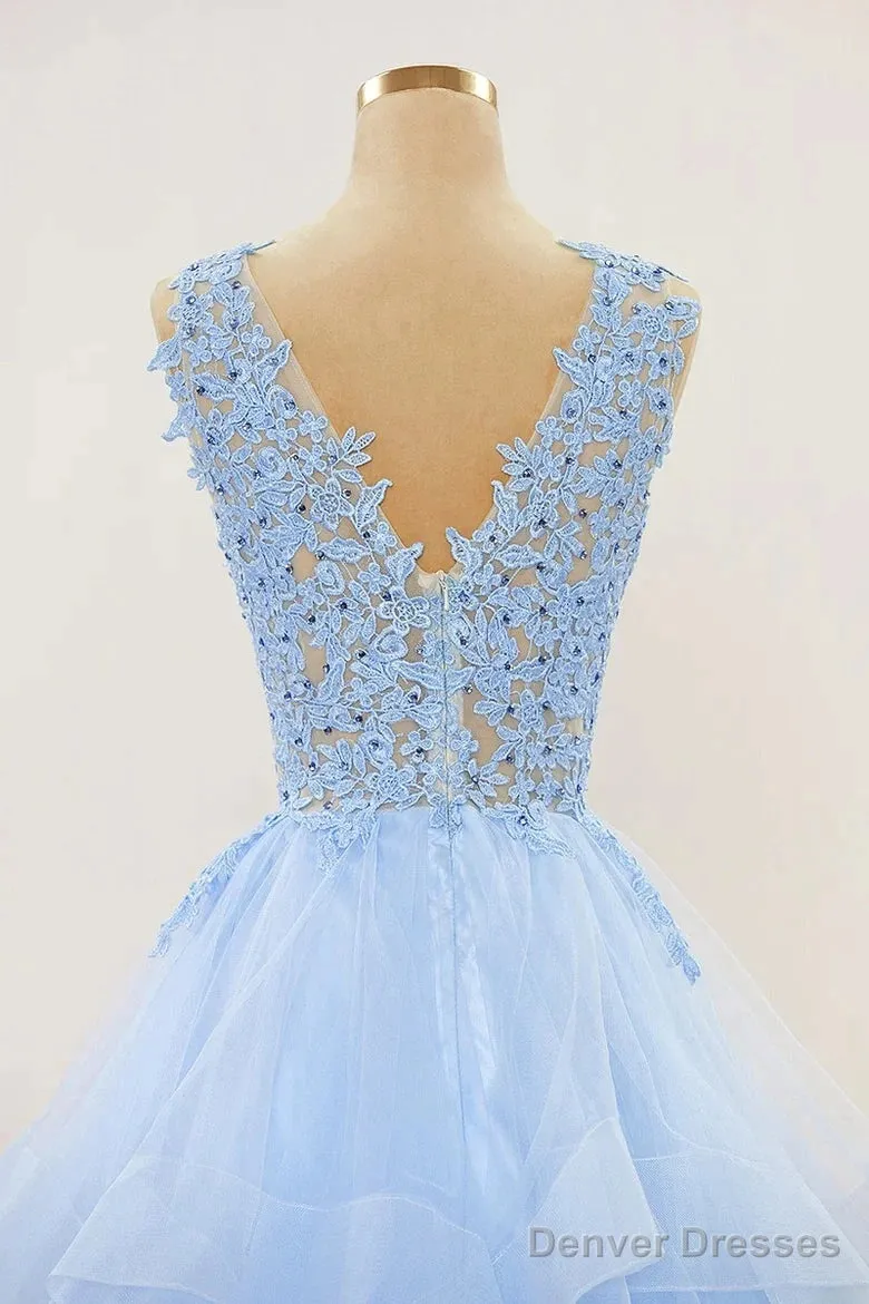A-Line Long Layers Lace Prom Dresses Light Blue Beaded Appliques
