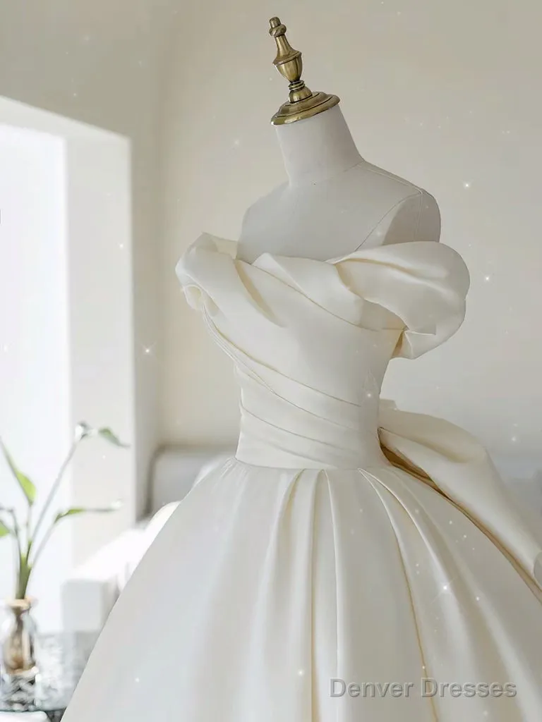 A-Line Off Shoulder Satin Light Champagne Long Prom Dress, Light Champagne Formal Dress