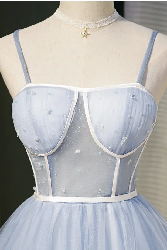 A Line Spaghetti Straps Beading Homecoming Dresses Tulle Sweet 16 Dresses N1974