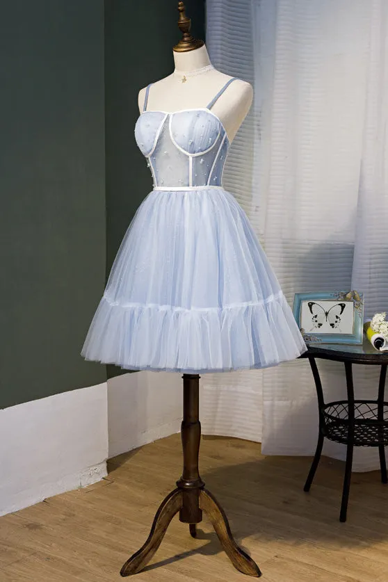 A Line Spaghetti Straps Beading Homecoming Dresses Tulle Sweet 16 Dresses N1974
