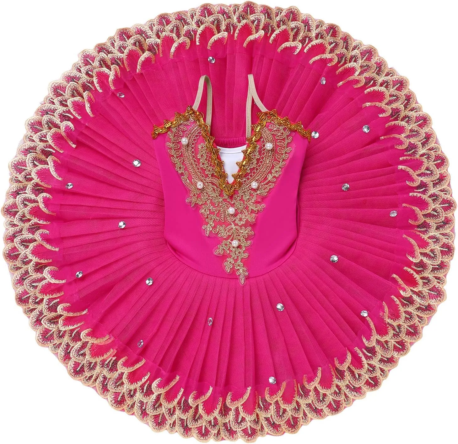 AFAVOM Ballet Leotards for Girls with Platter Tutu Professional Hard Organdy Camisole Skirt Swan Lake Feather Hem Dancewear