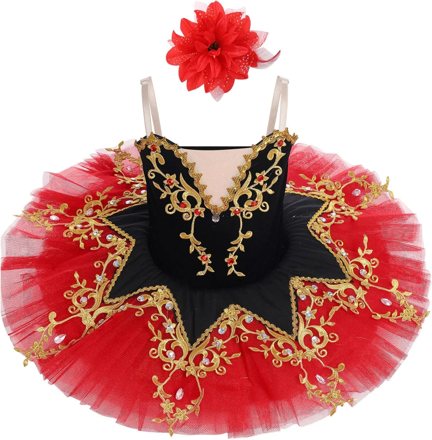 AFAVOM Ballet Leotards for Girls with Platter Tutu Professional Hard Organdy Camisole Skirt Swan Lake Feather Hem Dancewear
