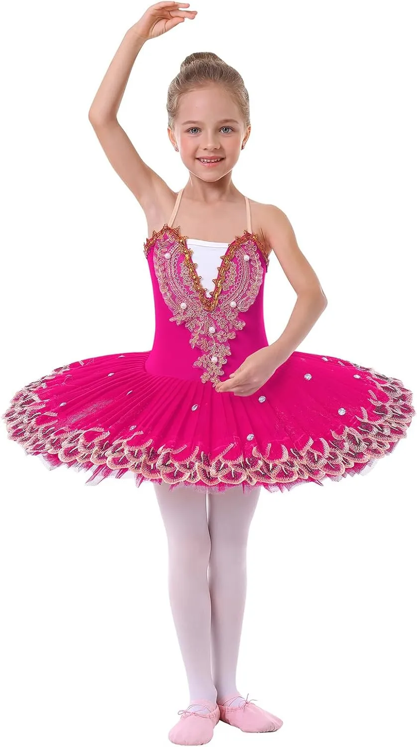 AFAVOM Ballet Leotards for Girls with Platter Tutu Professional Hard Organdy Camisole Skirt Swan Lake Feather Hem Dancewear