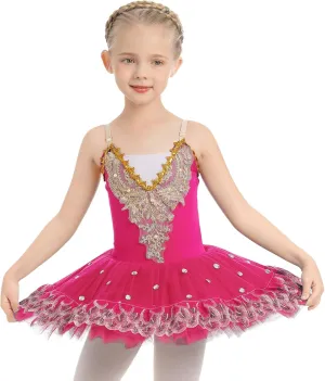 AFAVOM Ballet Leotards for Girls with Platter Tutu Professional Hard Organdy Camisole Skirt Swan Lake Feather Hem Dancewear