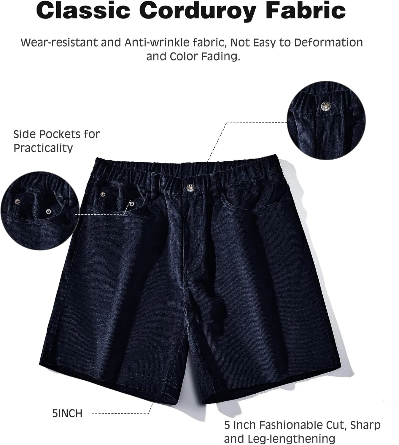 AIMPACT Mens Corduroy Shorts 5/6 Inseam Casual Elastic Waist Drawstring Summer Beach Shorts for Men with Pockets