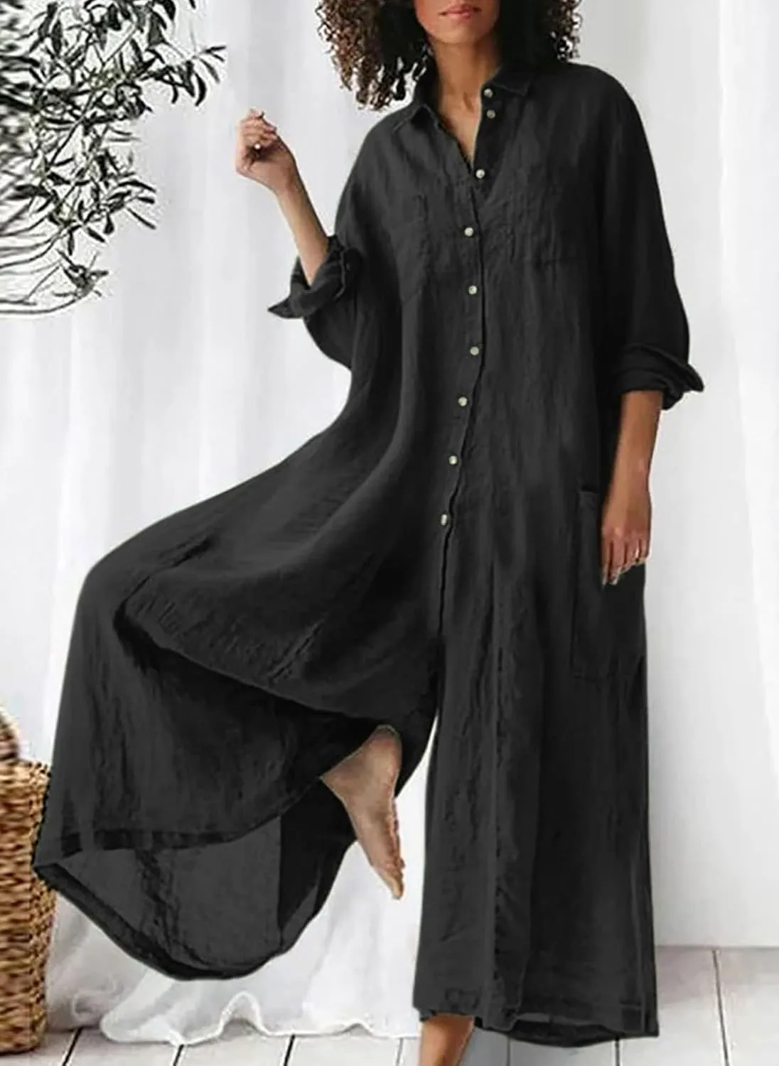 Akivide Womens Casual Wide Leg Jumpsuit Summer Loose Linen Long Sleeve Button Down Baggy Long Ropmer Jumpsuit with Pocket