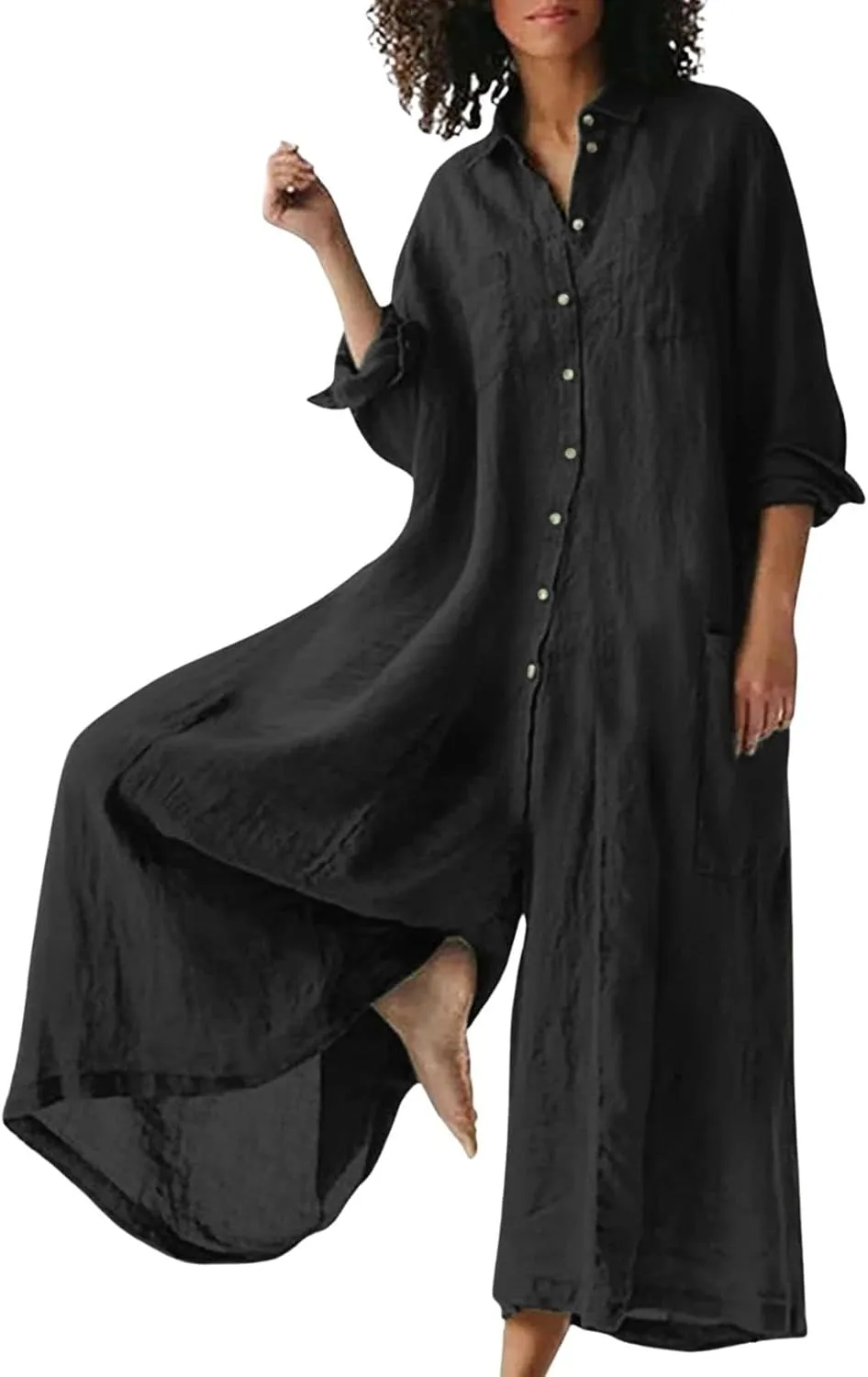 Akivide Womens Casual Wide Leg Jumpsuit Summer Loose Linen Long Sleeve Button Down Baggy Long Ropmer Jumpsuit with Pocket