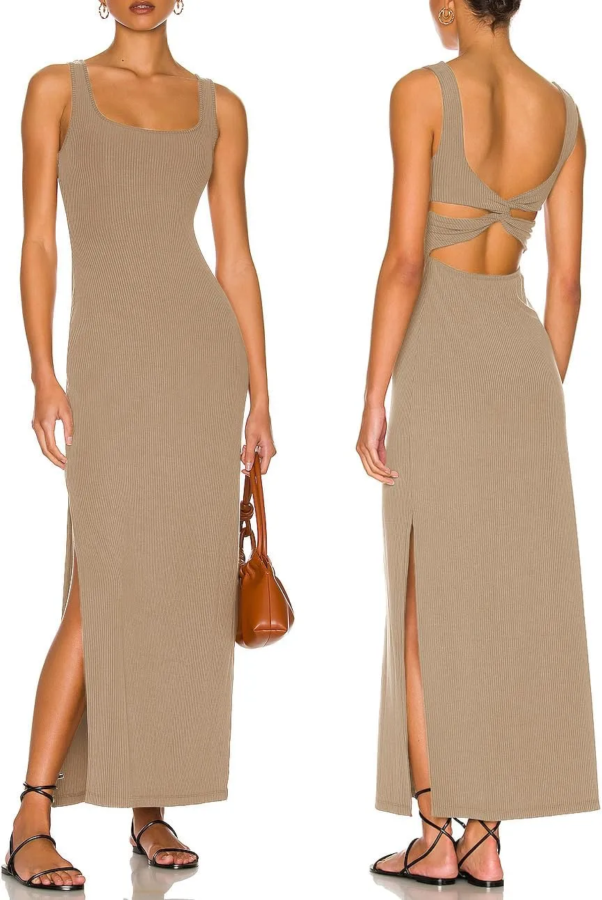 ALENDA DANMOS Women's Elegant Backless Maxi Dress Sexy High Sides Slit Tank Dress Twist Back Casual Sundress 72122