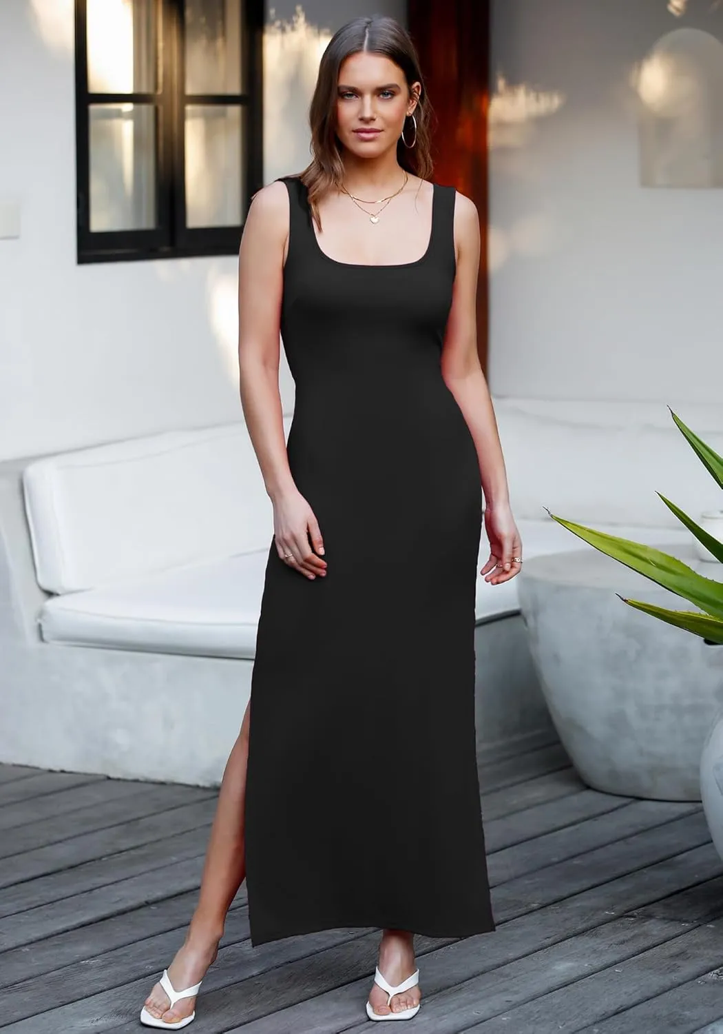 ALENDA DANMOS Women's Elegant Backless Maxi Dress Sexy High Sides Slit Tank Dress Twist Back Casual Sundress 72122