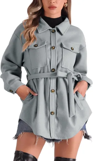 Allegra K Casual Shacket Jackets for Women's Long Sleeve Belted Button Down Fall Jacket Coat with Pockets