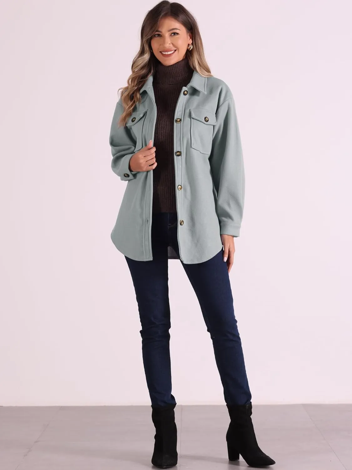 Allegra K Casual Shacket Jackets for Women's Long Sleeve Belted Button Down Fall Jacket Coat with Pockets