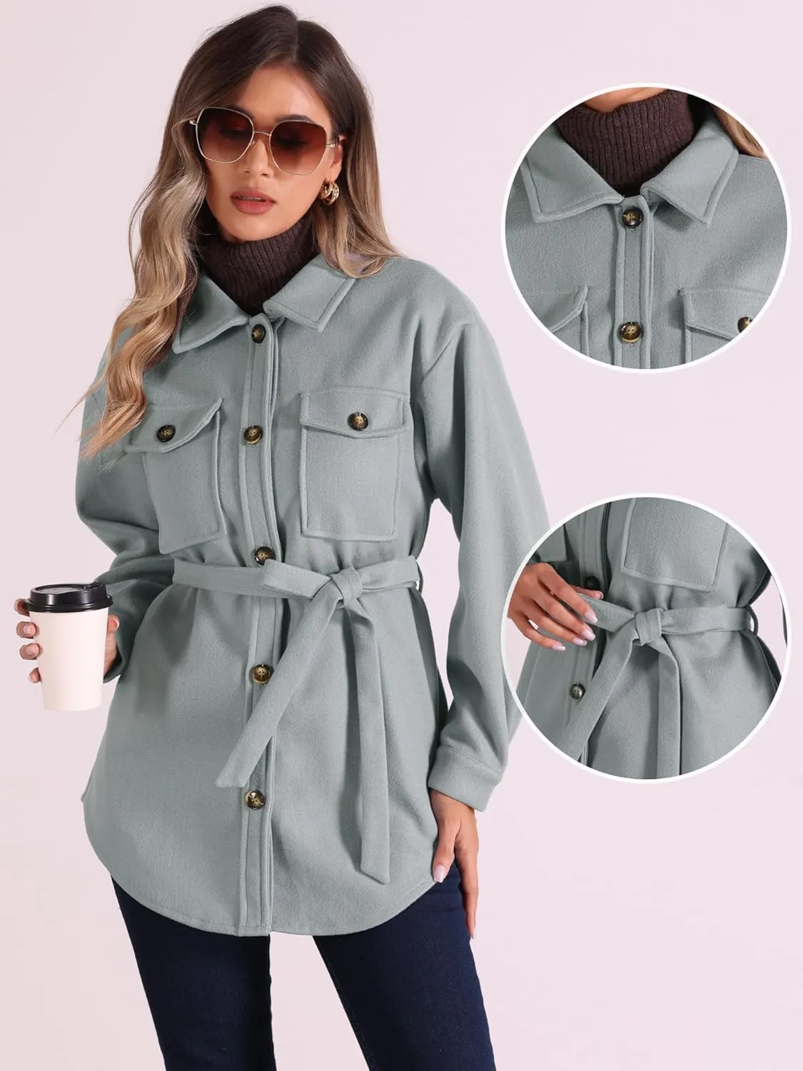 Allegra K Casual Shacket Jackets for Women's Long Sleeve Belted Button Down Fall Jacket Coat with Pockets