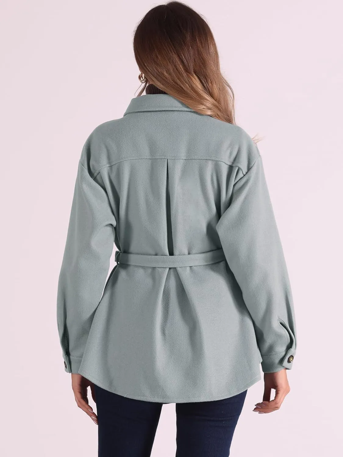 Allegra K Casual Shacket Jackets for Women's Long Sleeve Belted Button Down Fall Jacket Coat with Pockets