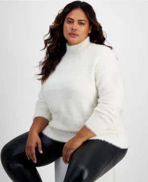 And Now This Women's Trendy Eyelash Mock Neck Sweater Egret Plus Size 1X