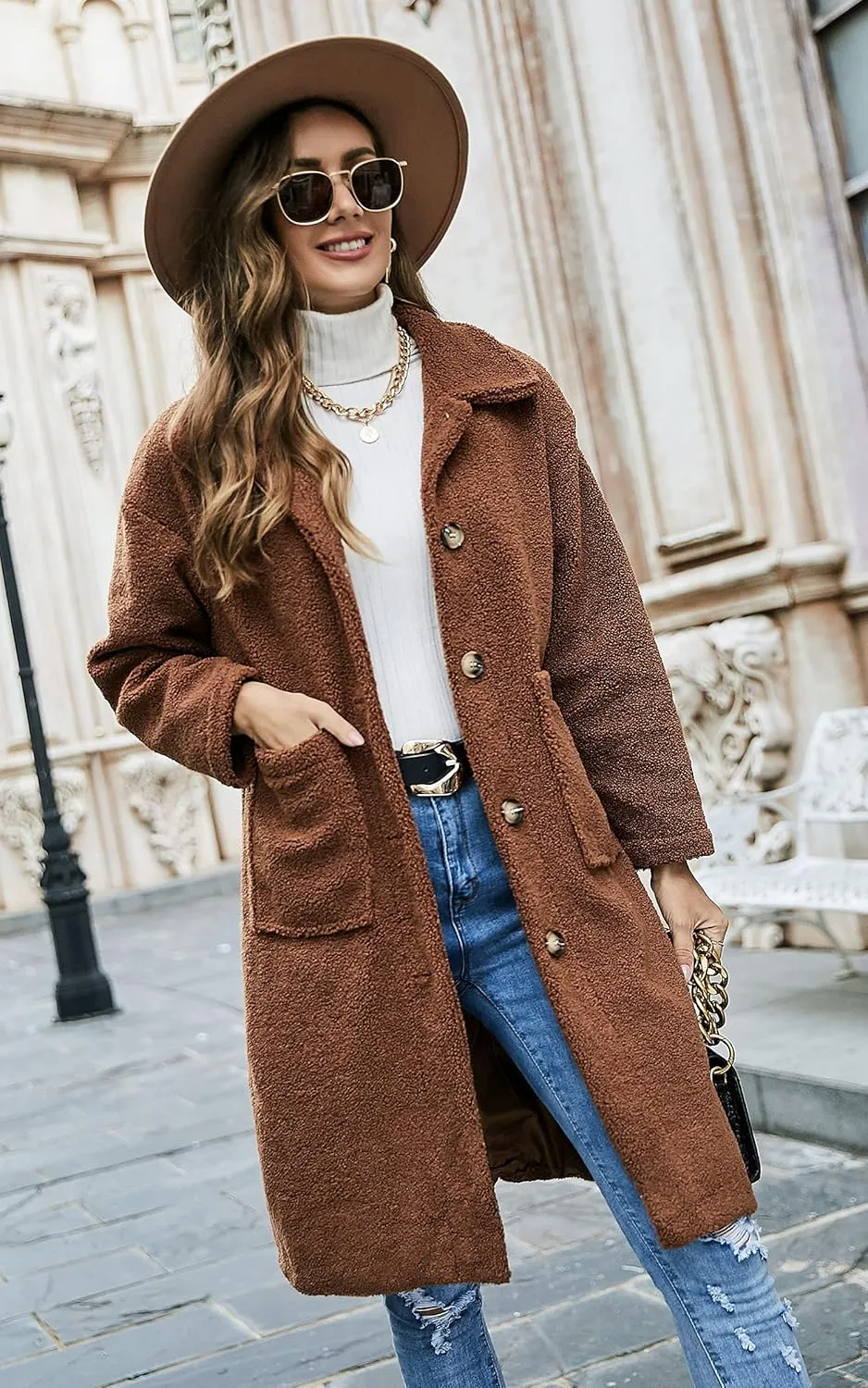 Angashion Women's Fuzzy Fleece Lapel Open Front Long Cardigan Coat Faux Fur Warm Winter Outwear Jackets