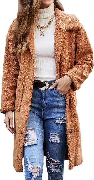 Angashion Women's Fuzzy Fleece Lapel Open Front Long Cardigan Coat Faux Fur Warm Winter Outwear Jackets