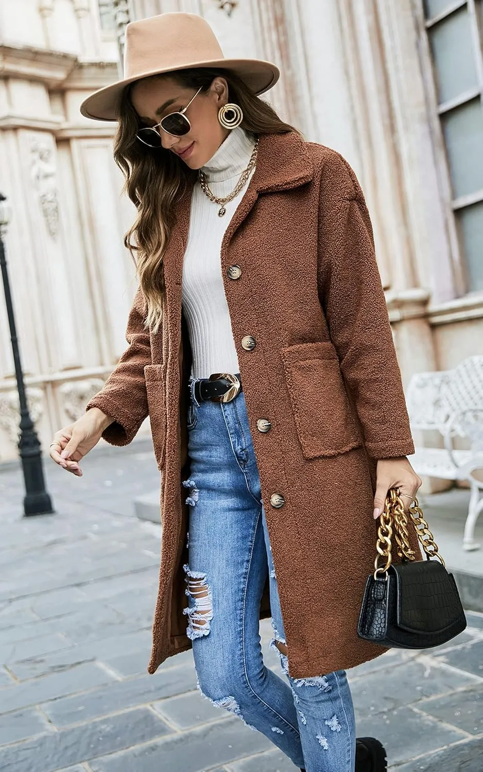 Angashion Women's Fuzzy Fleece Lapel Open Front Long Cardigan Coat Faux Fur Warm Winter Outwear Jackets