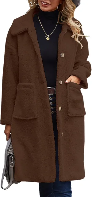 Angashion Women's Fuzzy Fleece Lapel Open Front Long Cardigan Coat Faux Fur Warm Winter Outwear Jackets