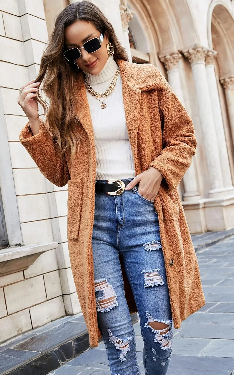 Angashion Women's Fuzzy Fleece Lapel Open Front Long Cardigan Coat Faux Fur Warm Winter Outwear Jackets