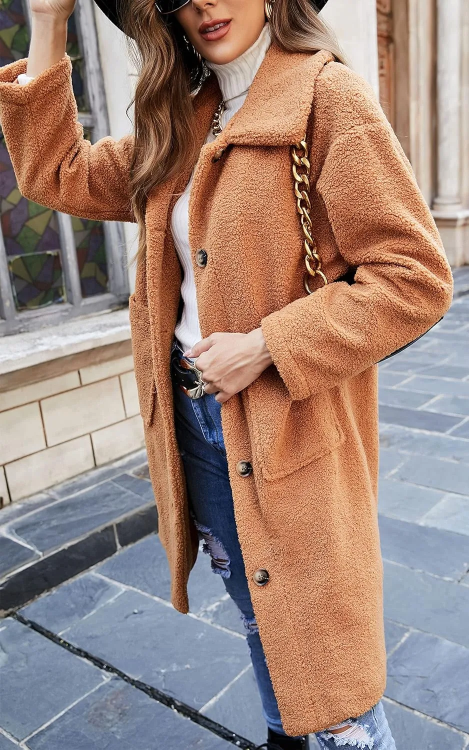 Angashion Women's Fuzzy Fleece Lapel Open Front Long Cardigan Coat Faux Fur Warm Winter Outwear Jackets