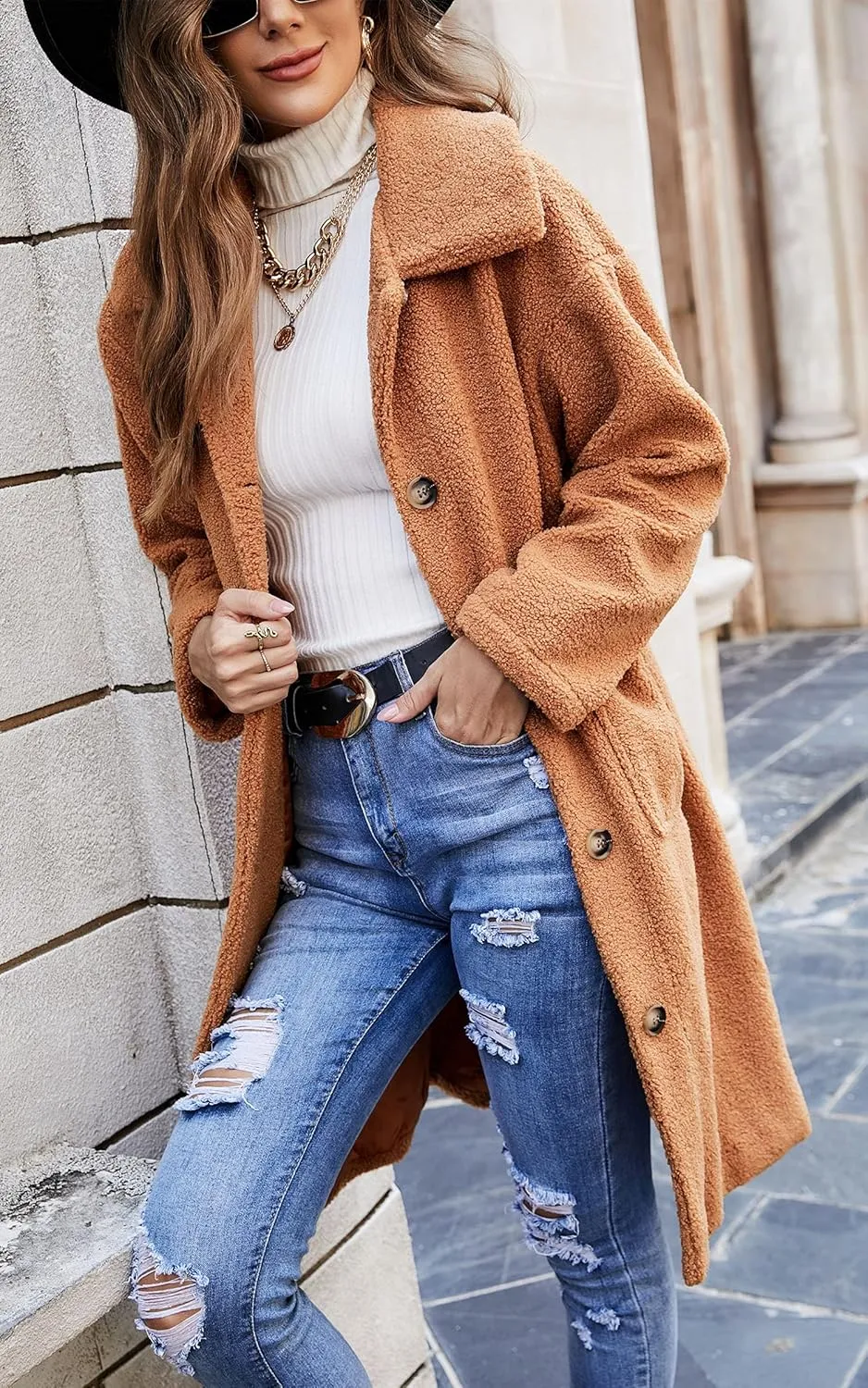 Angashion Women's Fuzzy Fleece Lapel Open Front Long Cardigan Coat Faux Fur Warm Winter Outwear Jackets