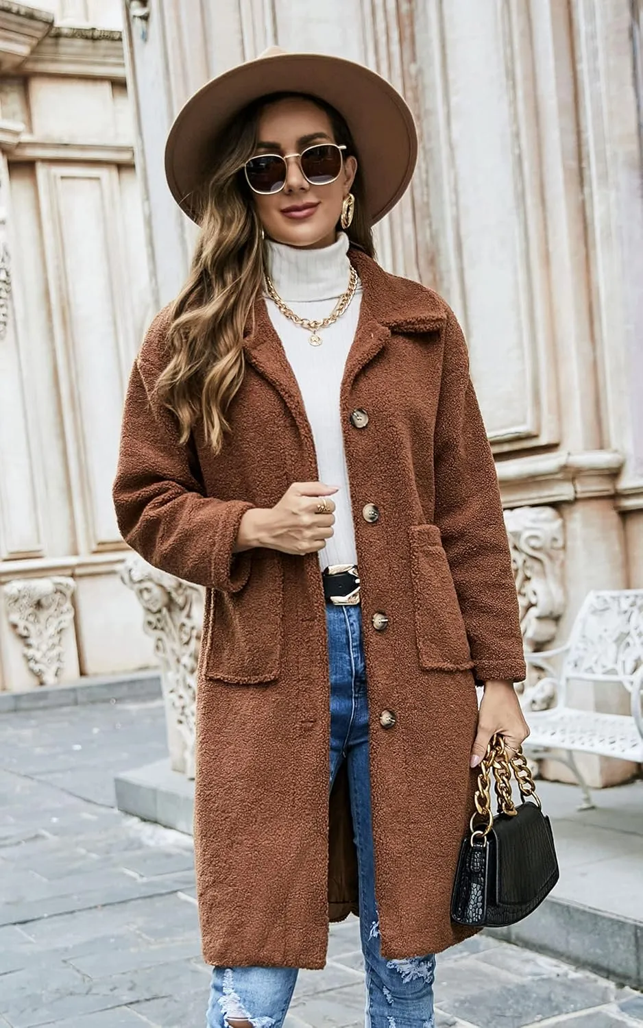Angashion Women's Fuzzy Fleece Lapel Open Front Long Cardigan Coat Faux Fur Warm Winter Outwear Jackets