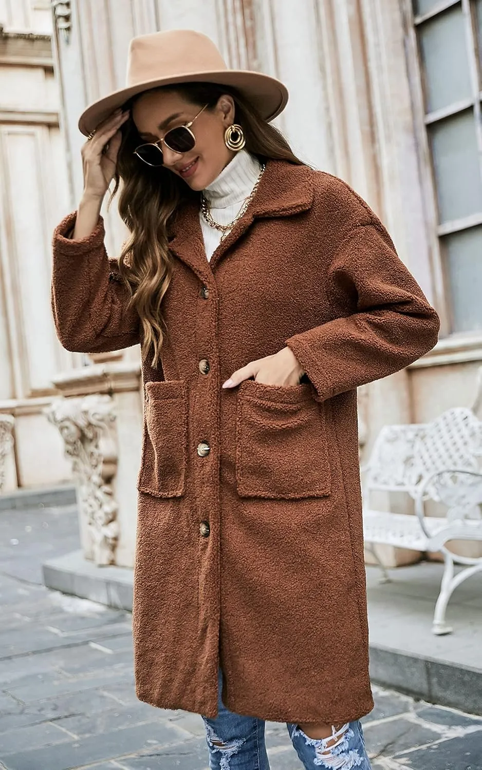 Angashion Women's Fuzzy Fleece Lapel Open Front Long Cardigan Coat Faux Fur Warm Winter Outwear Jackets