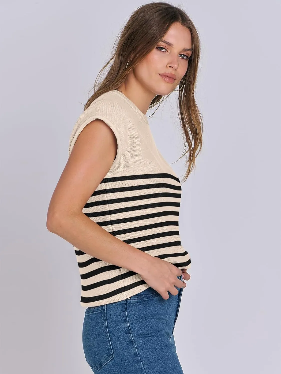 ANRABESS Womens Summer Cap Sleeve Sweater Crewneck Sleeveless Knit Tops Casual Fit Vest 2025 Trendy Tank Top Shirts