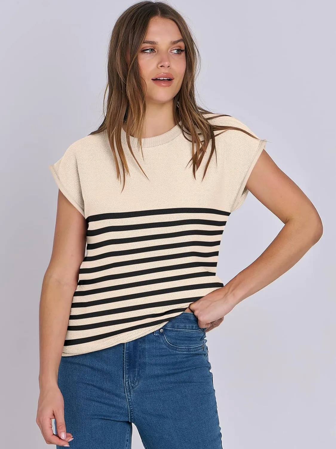 ANRABESS Womens Summer Cap Sleeve Sweater Crewneck Sleeveless Knit Tops Casual Fit Vest 2025 Trendy Tank Top Shirts