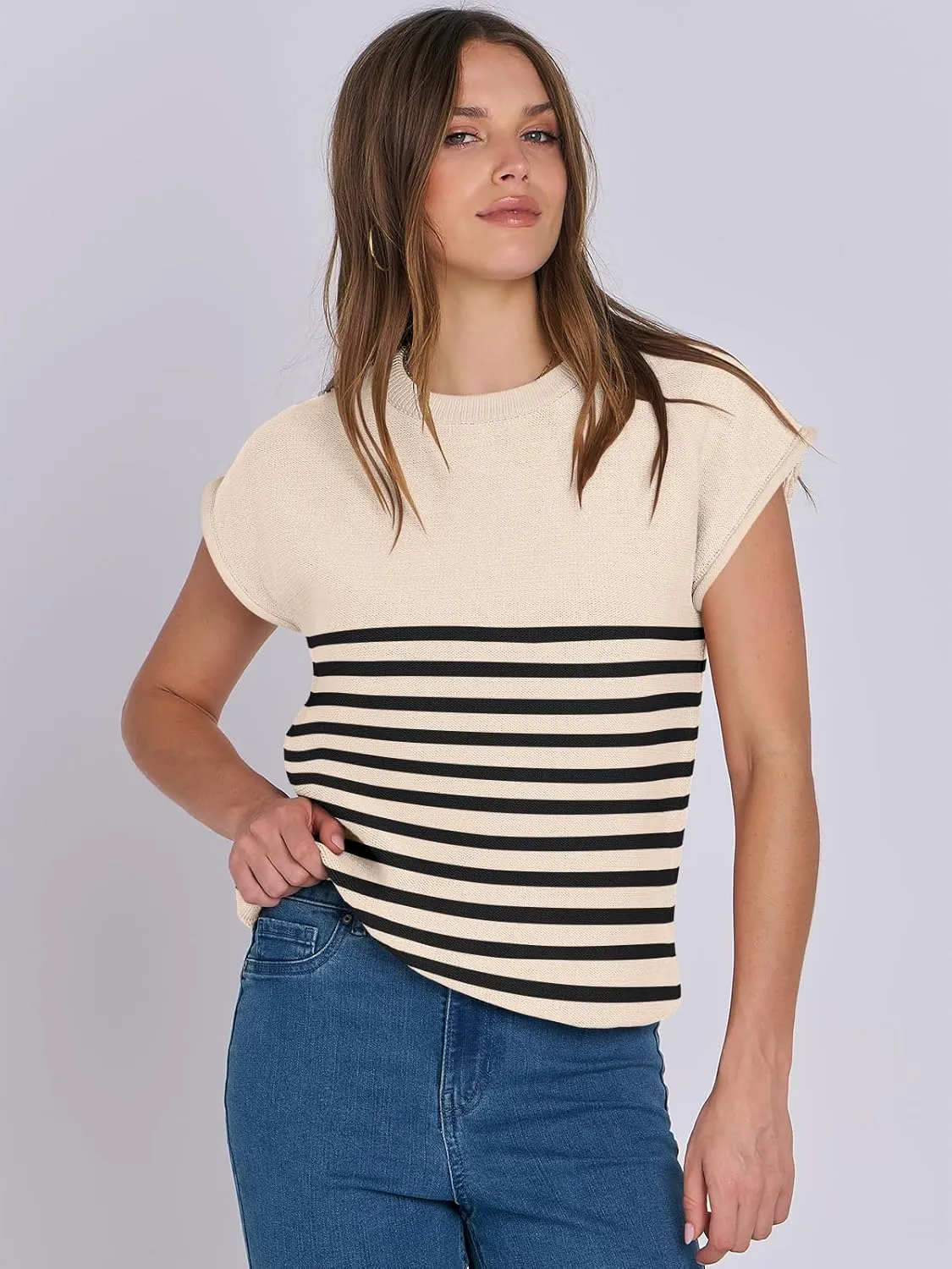ANRABESS Womens Summer Cap Sleeve Sweater Crewneck Sleeveless Knit Tops Casual Fit Vest 2025 Trendy Tank Top Shirts