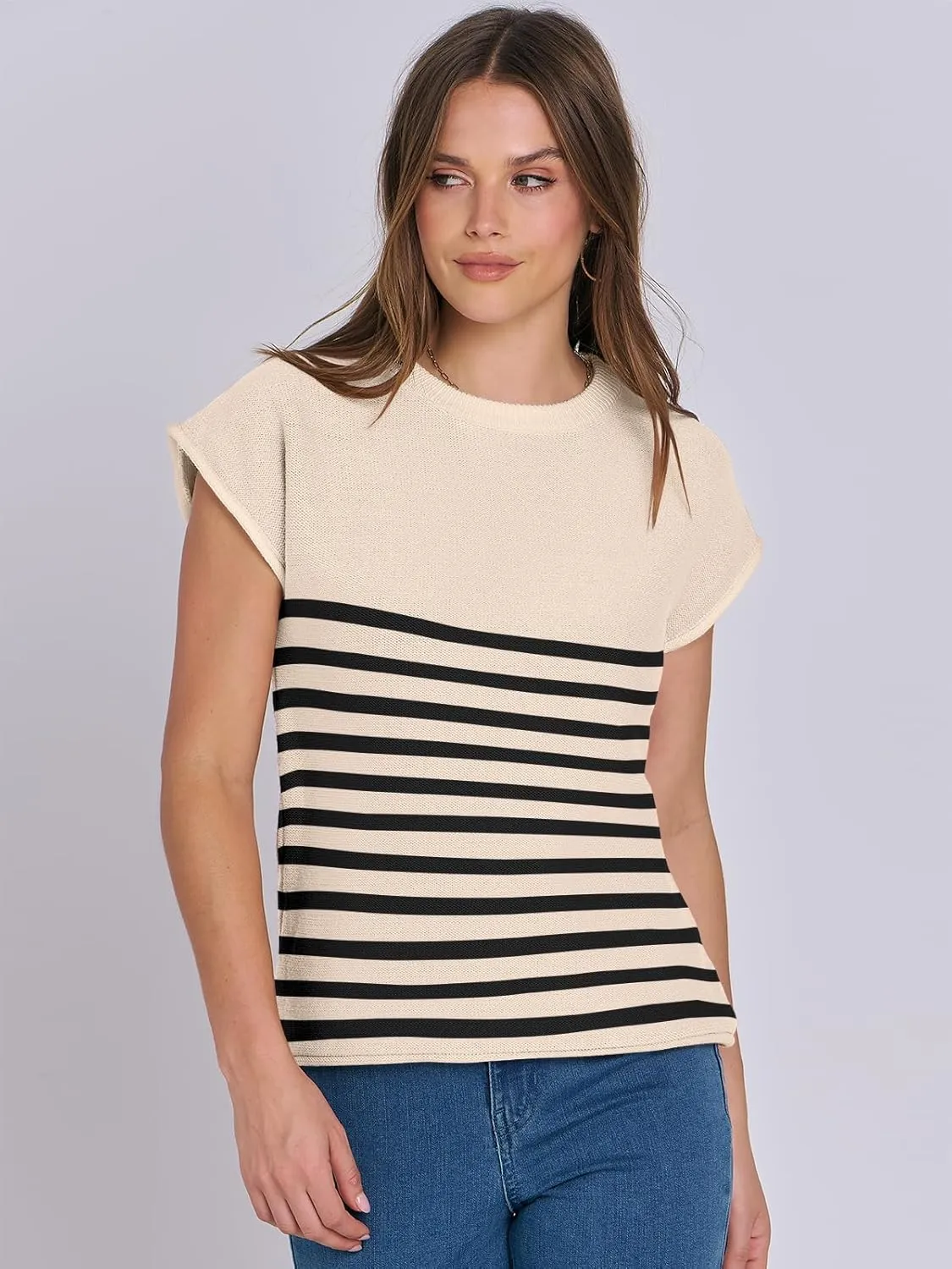 ANRABESS Womens Summer Cap Sleeve Sweater Crewneck Sleeveless Knit Tops Casual Fit Vest 2025 Trendy Tank Top Shirts