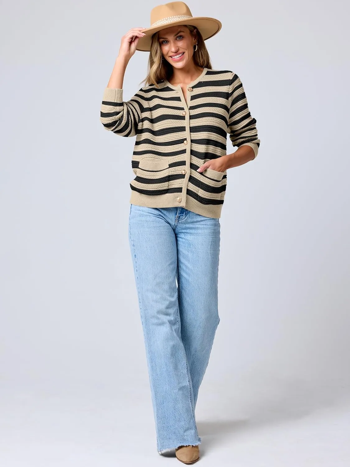 ANRABESS Women's Tweed Knit Cardigan Sweater Casual Long Sleeve Cropped Button Down Lady Jackets 2025 Spring Fashion Outwear