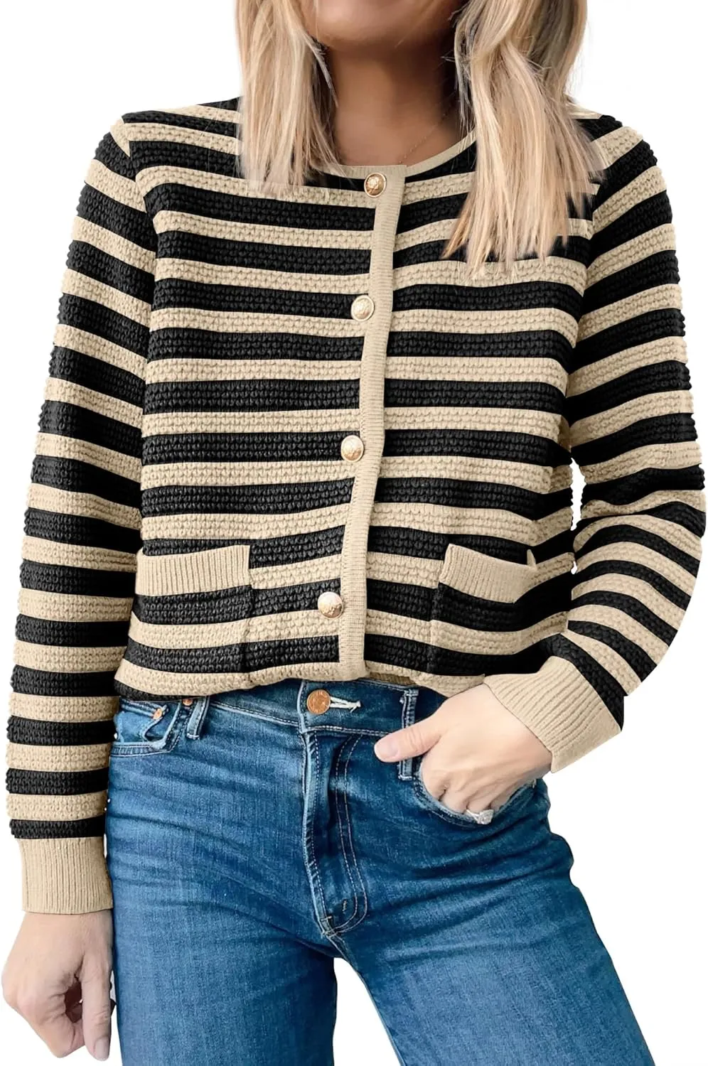 ANRABESS Women's Tweed Knit Cardigan Sweater Casual Long Sleeve Cropped Button Down Lady Jackets 2025 Spring Fashion Outwear