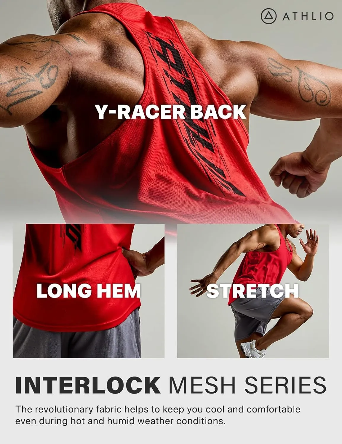 ATHLIO Men's Dry Fit Muscle Workout Tank Tops, Y-Back Bodybuilding Gym Shirts, Athletic Fitness Tank Top