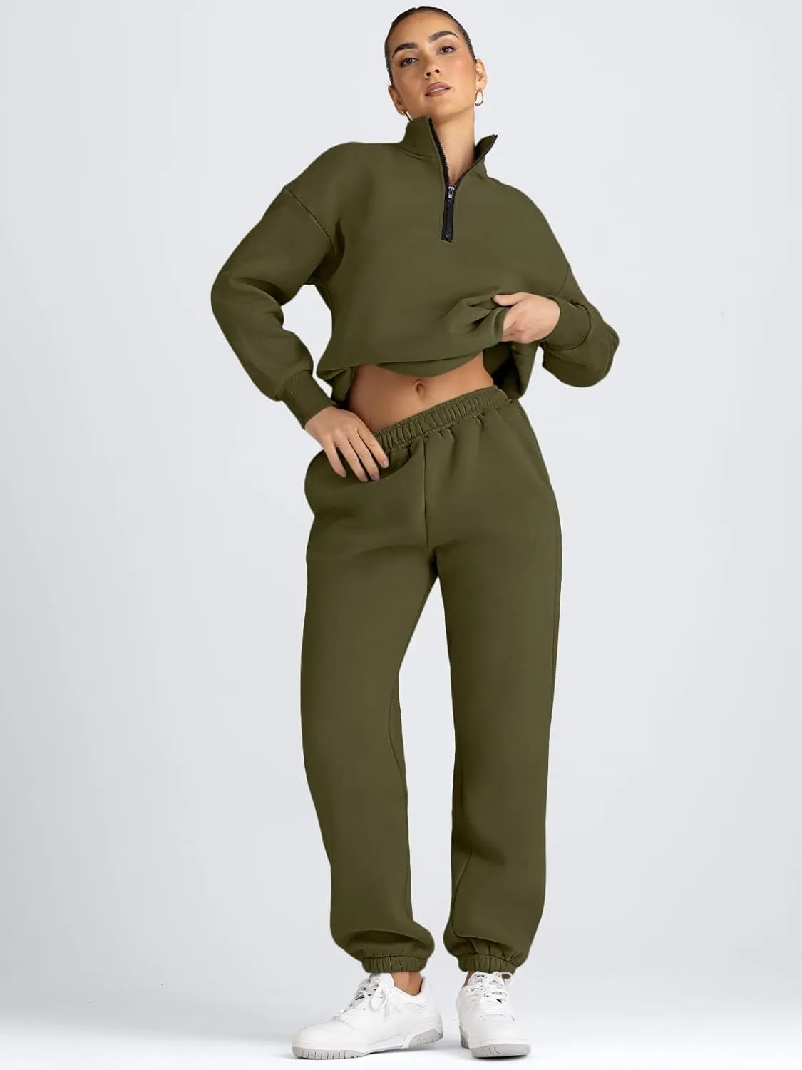 AUTOMET Women's Sweatsuits 2 Piece Outfits Long Sleeve Half Zip Pullover and Baggy Sweatpants with Pockets