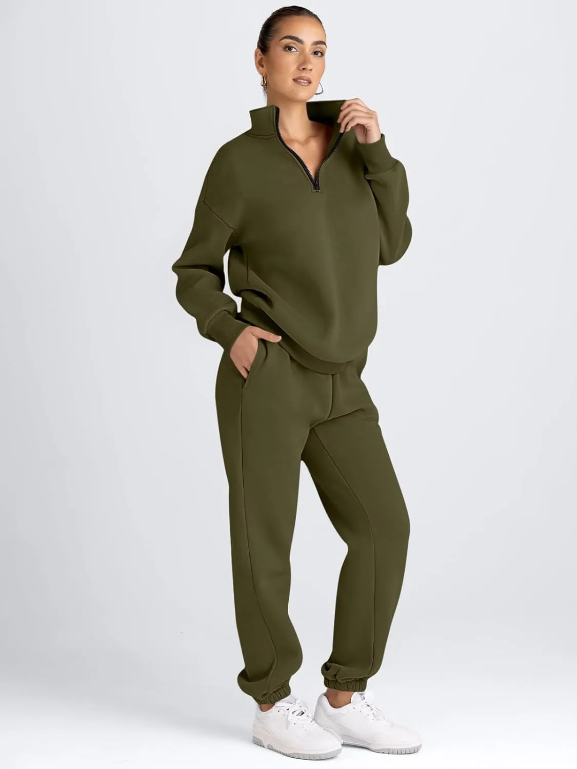 AUTOMET Women's Sweatsuits 2 Piece Outfits Long Sleeve Half Zip Pullover and Baggy Sweatpants with Pockets