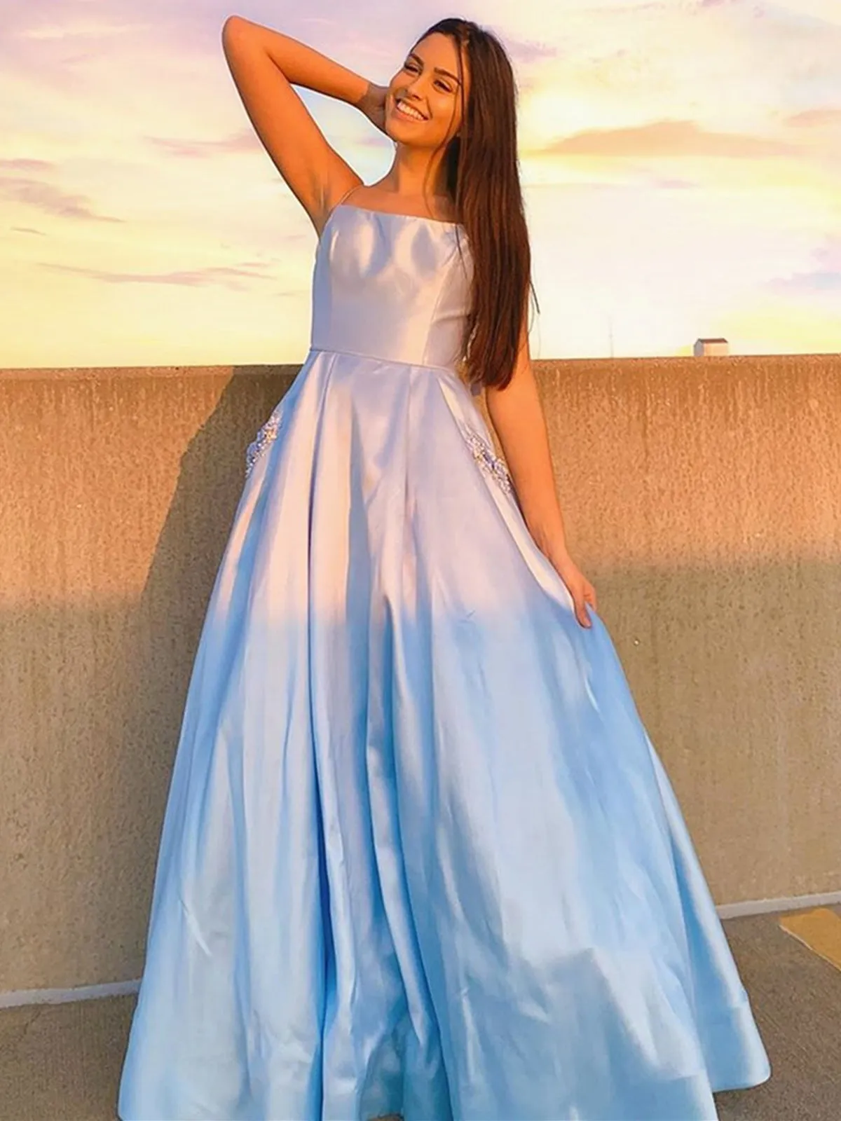 Backless Light Blue Long Prom Dresses with Pocket, Long Light Blue Formal Evening Dresses