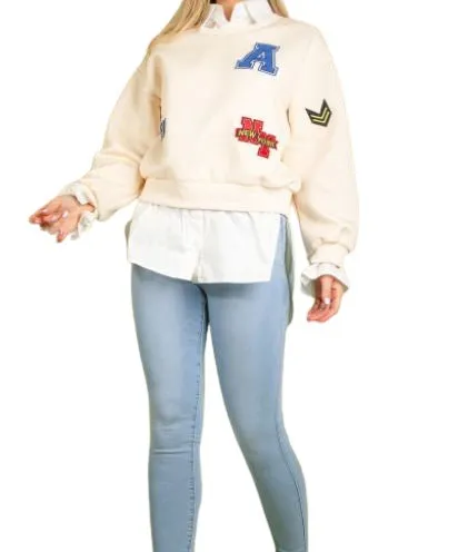 BADGE MOTIF SWEATSHIRTS WITH SHIRT UNDERLAY