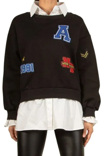 BADGE MOTIF SWEATSHIRTS WITH SHIRT UNDERLAY