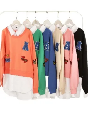 BADGE MOTIF SWEATSHIRTS WITH SHIRT UNDERLAY