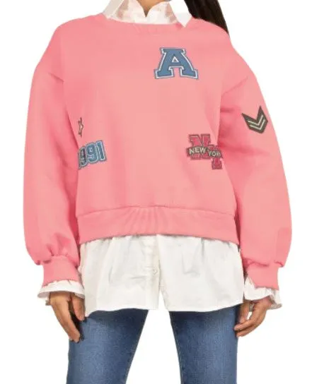 BADGE MOTIF SWEATSHIRTS WITH SHIRT UNDERLAY