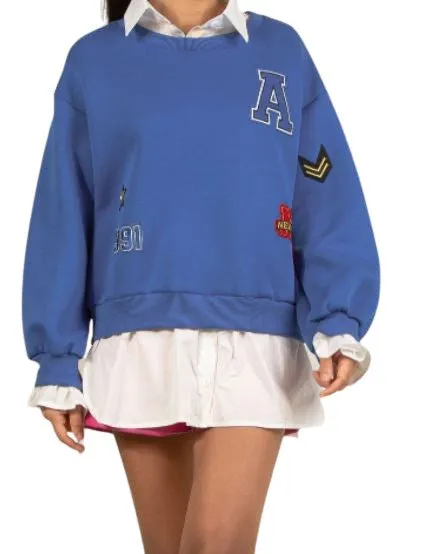 BADGE MOTIF SWEATSHIRTS WITH SHIRT UNDERLAY
